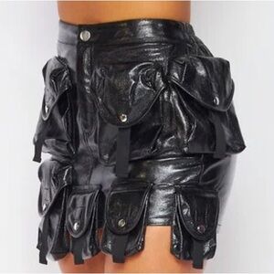 Black Faux Leather Mini Skirt with Pockets